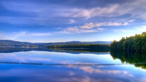 clouds, body of water, trees, sky, lightness, serenity, reflection, forests, summer