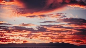 clouds, sunset, mountains, red, fiery