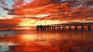 nubes, puesta de sol, tarde, cielo, naranja, textura, muelle, personas, puente, mar