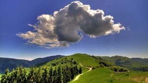 cloud, surround, sky, blue, trail, mountains, landscape, clear, forest, green