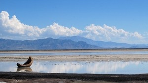 chip, mountains, low tide, puddles, clouds, coast, distance