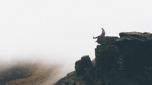 cliff, man, freedom, mountains, fog