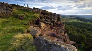 cliff, stones, grass, plates, sky, height, view, landscape, clouds, from above - wallpapers, picture