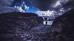 loneliness, rocks, man, shore, sea, stones - wallpapers, picture