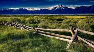 fence, fence, mountains, fields, grass, sky, silence, landscape - wallpapers, picture