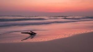 ocean, coast, sunset, cobblestone, sand, horizon - wallpapers, picture