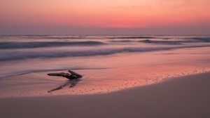 oceano, costa, tramonto, ciottoli, sabbia, orizzonte