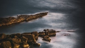 ocean, stones, surface, water, dusk