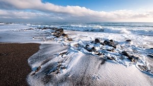 海洋，泡沫，波浪，海岸，沙滩