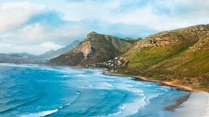 ocean, beach, sand, mountains, surf - wallpapers, picture