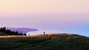 ocean, coast, horizon, hills, silhouette, fog - wallpapers, picture