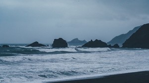 the ocean, surf, foam, dusk, evening