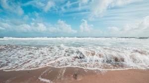 ocean, surf, foam, sand, traces, waves - wallpapers, picture
