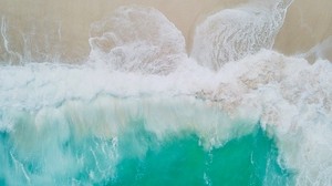 ocean, surf, top view, foam, water, sand, shore