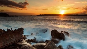 océano, surf, olas, piedras, puesta de sol