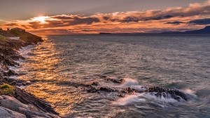 ocean, surf, sunset, shore, rocks - wallpapers, picture