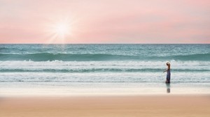 ocean, child, coast, surf, walk, horizon, pastel