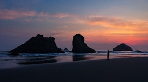 océano, silueta, puesta de sol, rocas, soledad