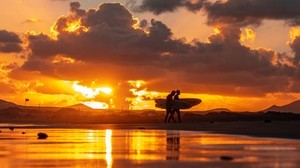 ocean, silhouettes, surfing, surfers, sunset