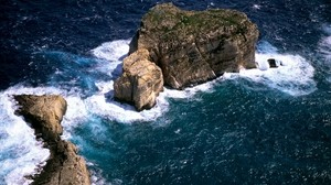 ocean, rocks, islet, foam, from above