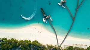 ocean, aerial view, coast, bungalow, palm trees