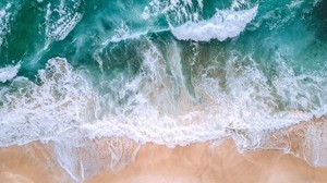 ocean, top view, surf, waves, foam, sand