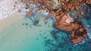 ocean, top view, water, stones, sand, foam