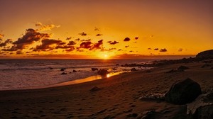 海洋，日落，海岸，沙子，石头，瓦莱格兰雷，加那利群岛，西班牙