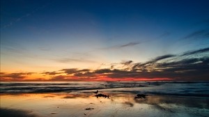 océano, puesta de sol, horizonte, arena, siluetas, california