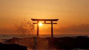 海、夕日、風景、海岸、スプレー、波