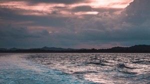 océano, puesta de sol, surf, olas, espuma, horizonte, indonesia