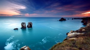 ocean, bay, coast, blue water, lilac, evening - wallpapers, picture