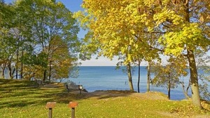 autumn, canadian coast, glade, benches, landscape - wallpapers, picture