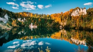 otoño, lago, árboles, agua, reflejo