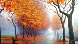 autumn, park, alley, benches, trees, fall foliage, fog, steam, haze, track, asphalt, painting, art