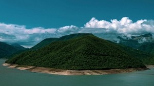 island, coast, hills, clouds, forest, vegetation - wallpapers, picture
