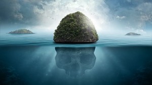 isla, calavera, submarino, secretos