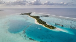 isla, océano, vista superior, cielo, horizonte, maldivas