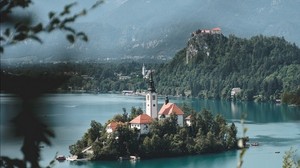 island, lake, castle, mountains, nature