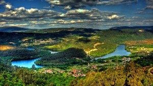 island, from above, river, city, forests, hills, clouds, shadows, sky, bright, contrast, view, landscape - wallpapers, picture