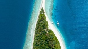 isola, veduta aerea, oceano, maldive, tropici