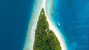 isla, vista aérea, océano, maldivas, trópicos