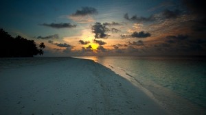 marea baja, tarde, puesta de sol, orilla, playa, arena, sombrío, anochecer