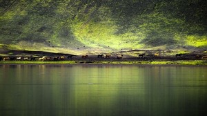 lake, coast, hill, horses, nature - wallpapers, picture