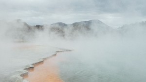 lake, shore, fog, mountains, steam