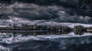 lago, árboles, horizonte, reflejo, nubes, oscuro, nublado