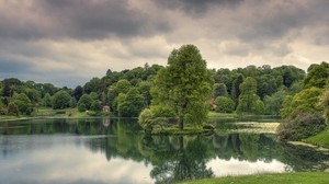 lake, trees, grass, cloudy, reflection