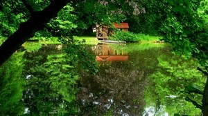 lake, trees, the house, pier, reflection, summer