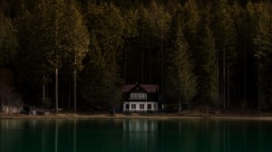 lake, house, gloomy, fog, shore - wallpapers, picture