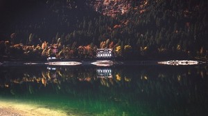 lake, the house, hill, reflection